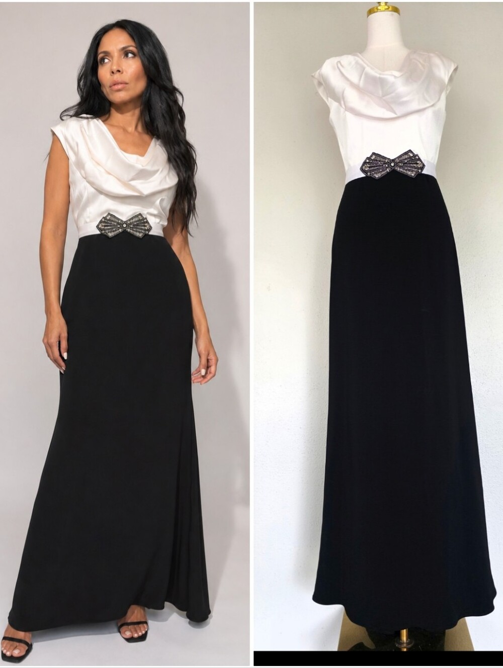 Vintage Badgley Mischka Collection Silk Colorblock Gown w/ Rhinestone Bow Size 6